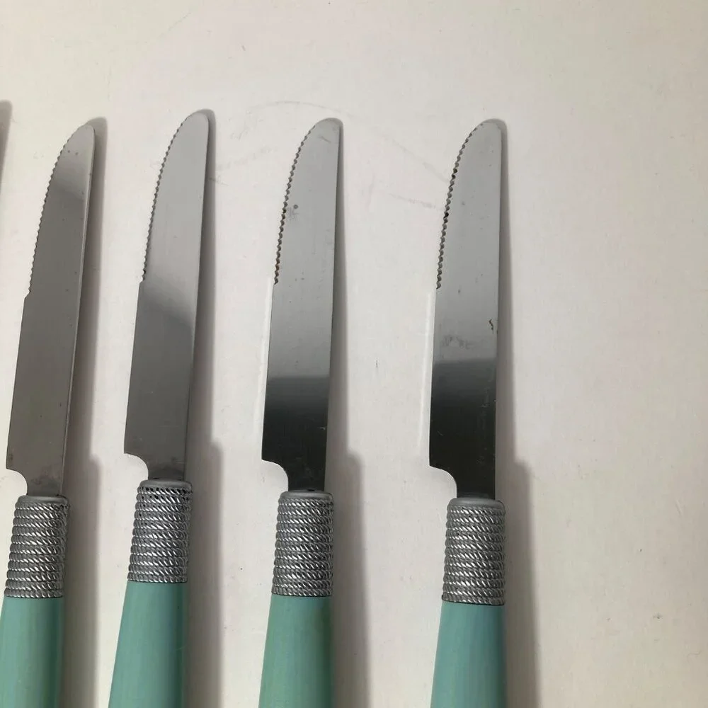 6 - Vintage Cambridge Dinner Knives Green Stainless‎ Flatware Plastic Handle 9